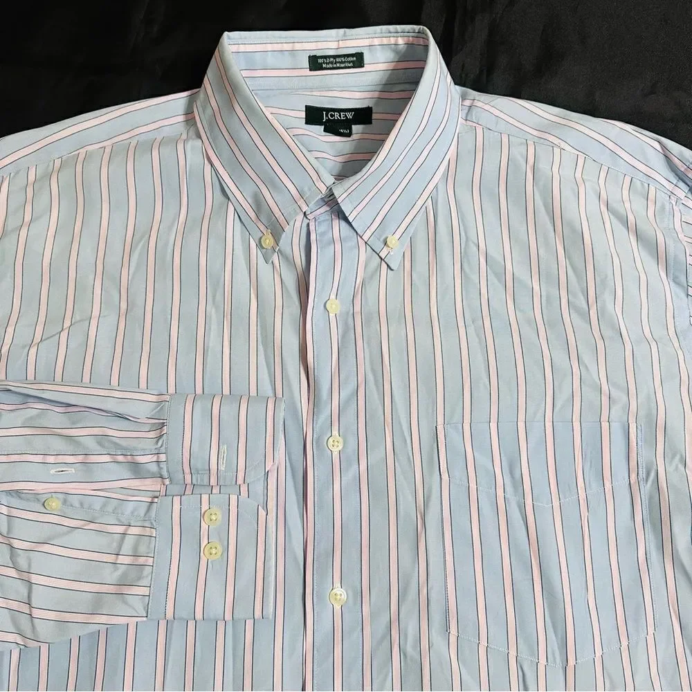 J. Crew Blue and White Striped 100s 2 Ply Cotton Button Down Shirt Size Large